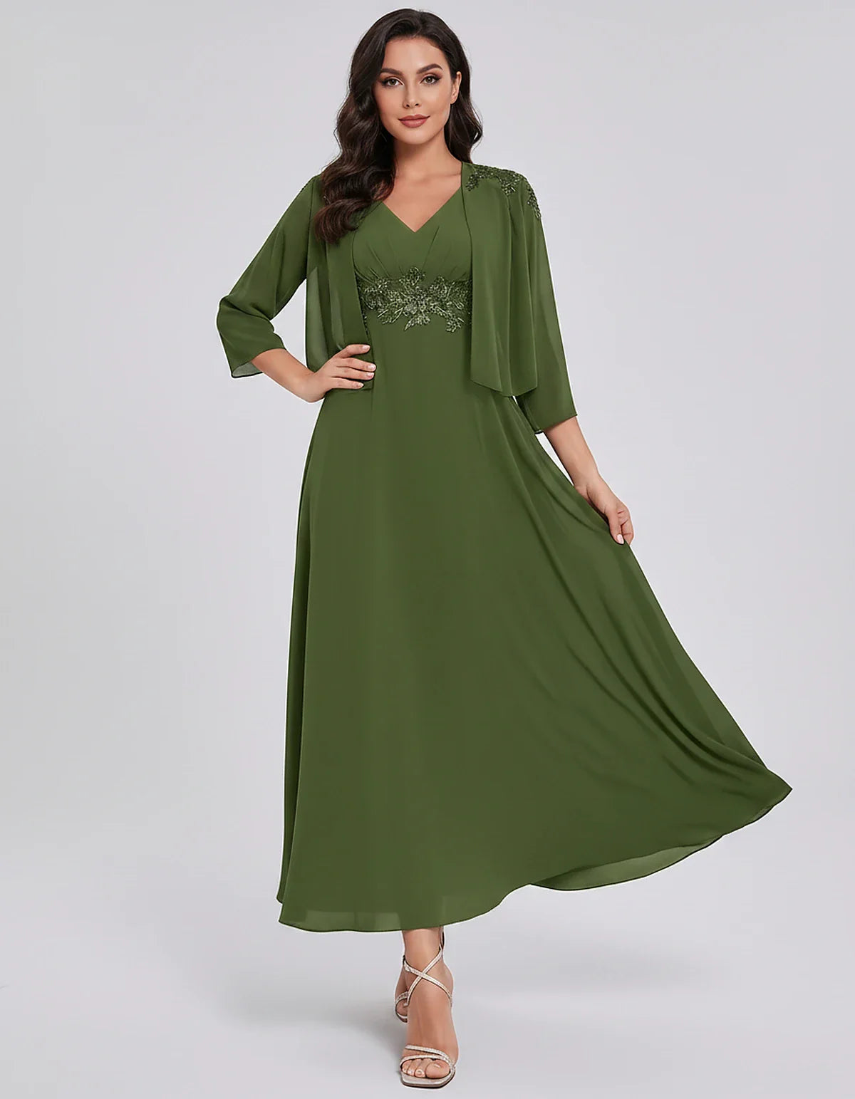Chiffon Three-Quarter Sleeve V-Neck A-Line Midi Dress with Jacket for Party, Cocktail, Evening, Wedding Guest & Summer Events | SKU: VMD-583746291857364-OLIVE-L,VMD-583746291857364-OLIVE-M,VMD-583746291857364-OLIVE-S,VMD-583746291857364-OLIVE-XL,VMD-583746291857364-OLIVE-XS