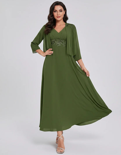 Chiffon Three-Quarter Sleeve V-Neck A-Line Midi Dress with Jacket for Party, Cocktail, Evening, Wedding Guest & Summer Events | SKU: VMD-583746291857364-OLIVE-L,VMD-583746291857364-OLIVE-M,VMD-583746291857364-OLIVE-S,VMD-583746291857364-OLIVE-XL,VMD-583746291857364-OLIVE-XS