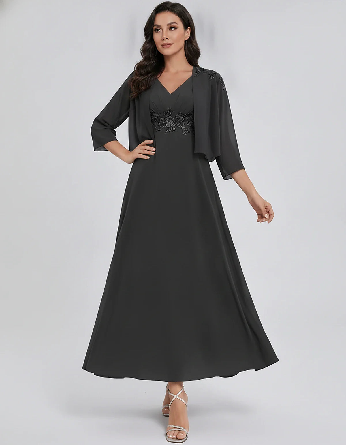 Chiffon Three-Quarter Sleeve V-Neck A-Line Midi Dress with Jacket for Party, Cocktail, Evening, Wedding Guest & Summer Events | SKU: VMD-583746291857364-BLACK-L,VMD-583746291857364-BLACK-M,VMD-583746291857364-BLACK-S,VMD-583746291857364-BLACK-XL,VMD-583746291857364-BLACK-XS