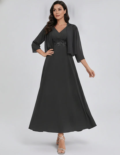 Chiffon Three-Quarter Sleeve V-Neck A-Line Midi Dress with Jacket for Party, Cocktail, Evening, Wedding Guest & Summer Events | SKU: VMD-583746291857364-BLACK-L,VMD-583746291857364-BLACK-M,VMD-583746291857364-BLACK-S,VMD-583746291857364-BLACK-XL,VMD-583746291857364-BLACK-XS