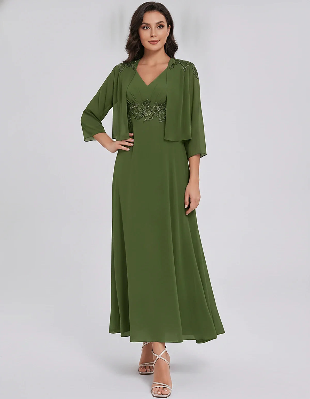 Chiffon Three-Quarter Sleeve V-Neck A-Line Midi Dress with Jacket for Party, Cocktail, Evening, Wedding Guest & Summer Events | SKU: VMD-583746291857364-OLIVE-L,VMD-583746291857364-OLIVE-M,VMD-583746291857364-OLIVE-S,VMD-583746291857364-OLIVE-XL,VMD-583746291857364-OLIVE-XS
