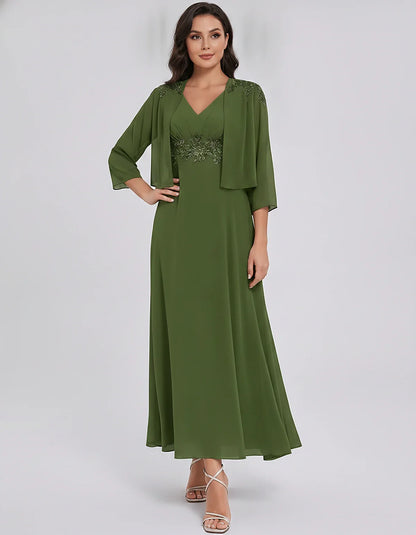Chiffon Three-Quarter Sleeve V-Neck A-Line Midi Dress with Jacket for Party, Cocktail, Evening, Wedding Guest & Summer Events | SKU: VMD-583746291857364-OLIVE-L,VMD-583746291857364-OLIVE-M,VMD-583746291857364-OLIVE-S,VMD-583746291857364-OLIVE-XL,VMD-583746291857364-OLIVE-XS