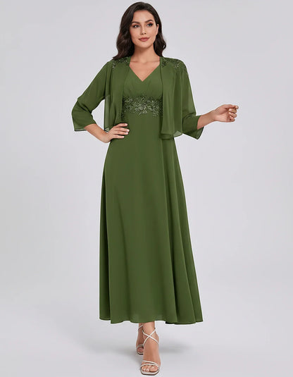 Chiffon Three-Quarter Sleeve V-Neck A-Line Midi Dress with Jacket for Party, Cocktail, Evening, Wedding Guest & Summer Events | SKU: VMD-583746291857364-OLIVE-L,VMD-583746291857364-OLIVE-M,VMD-583746291857364-OLIVE-S,VMD-583746291857364-OLIVE-XL,VMD-583746291857364-OLIVE-XS