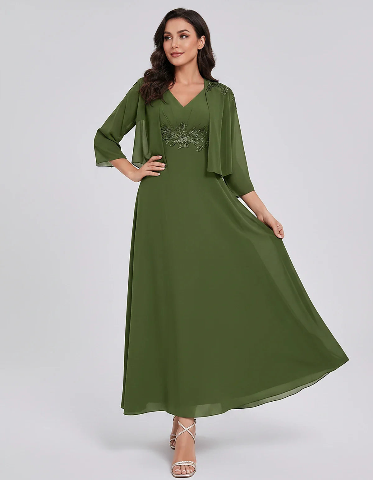Chiffon Three-Quarter Sleeve V-Neck A-Line Midi Dress with Jacket for Party, Cocktail, Evening, Wedding Guest & Summer Events | SKU: VMD-583746291857364-OLIVE-L,VMD-583746291857364-OLIVE-M,VMD-583746291857364-OLIVE-S,VMD-583746291857364-OLIVE-XL,VMD-583746291857364-OLIVE-XS
