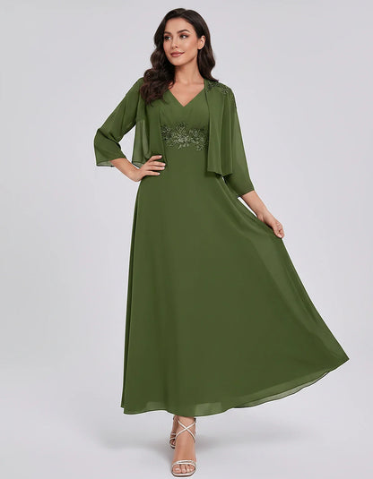 Chiffon Three-Quarter Sleeve V-Neck A-Line Midi Dress with Jacket for Party, Cocktail, Evening, Wedding Guest & Summer Events | SKU: VMD-583746291857364-OLIVE-L,VMD-583746291857364-OLIVE-M,VMD-583746291857364-OLIVE-S,VMD-583746291857364-OLIVE-XL,VMD-583746291857364-OLIVE-XS