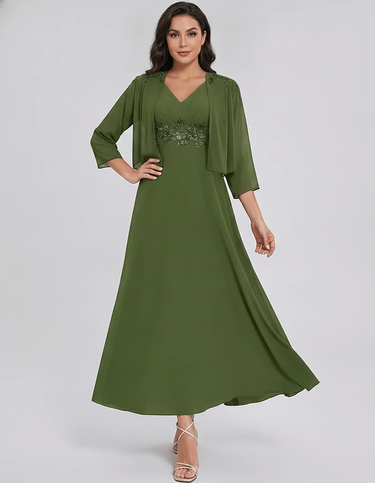 Chiffon Three-Quarter Sleeve V-Neck A-Line Midi Dress with Jacket for Party, Cocktail, Evening, Wedding Guest & Summer Events | SKU: VMD-583746291857364-OLIVE-L,VMD-583746291857364-OLIVE-M,VMD-583746291857364-OLIVE-S,VMD-583746291857364-OLIVE-XL,VMD-583746291857364-OLIVE-XS