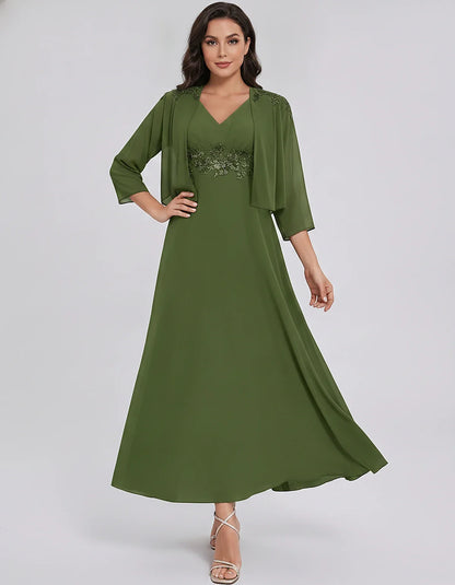 Chiffon Three-Quarter Sleeve V-Neck A-Line Midi Dress with Jacket for Party, Cocktail, Evening, Wedding Guest & Summer Events | SKU: VMD-583746291857364-OLIVE-L,VMD-583746291857364-OLIVE-M,VMD-583746291857364-OLIVE-S,VMD-583746291857364-OLIVE-XL,VMD-583746291857364-OLIVE-XS