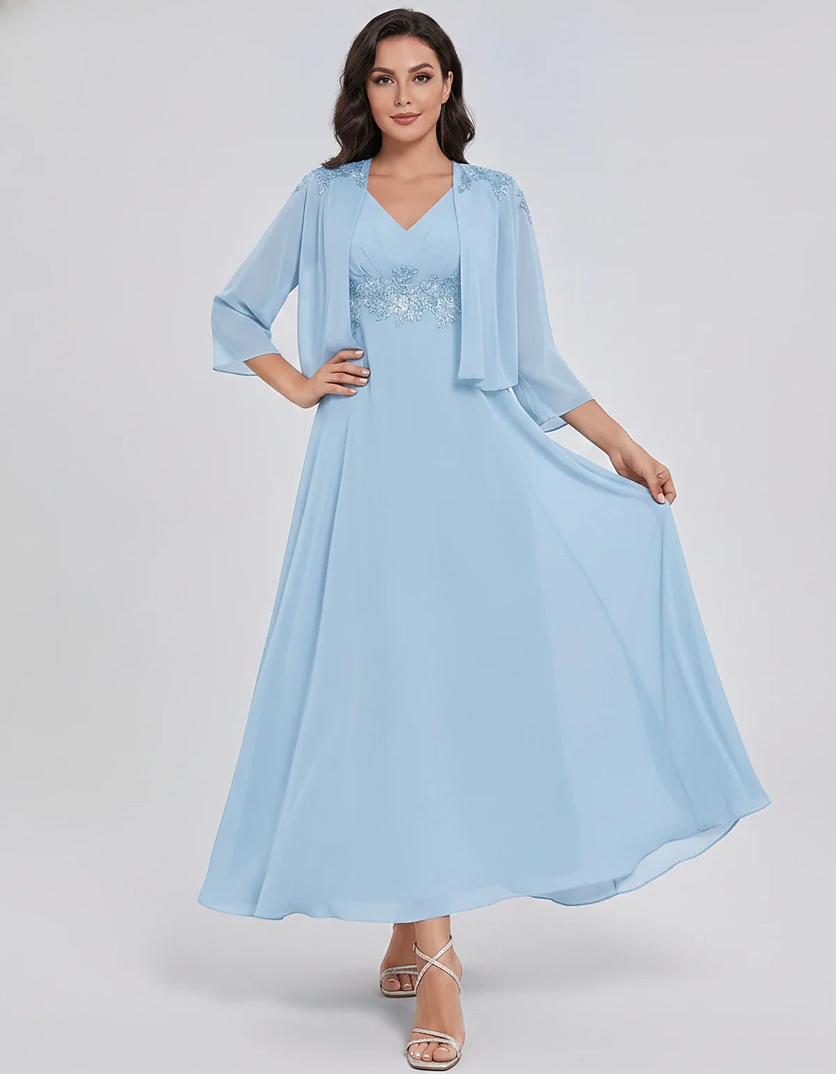 Chiffon Three-Quarter Sleeve V-Neck A-Line Midi Dress with Jacket for Party, Cocktail, Evening, Wedding Guest & Summer Events | SKU: VMD-583746291857364-LIGHTBLUE-L,VMD-583746291857364-LIGHTBLUE-M,VMD-583746291857364-LIGHTBLUE-S,VMD-583746291857364-LIGHTBLUE-XL,VMD-583746291857364-LIGHTBLUE-XS