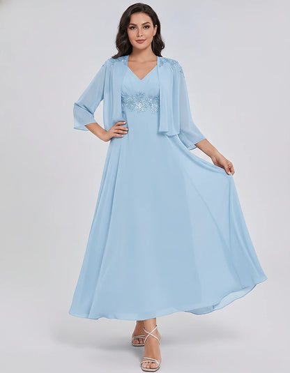 Chiffon Three-Quarter Sleeve V-Neck A-Line Midi Dress with Jacket for Party, Cocktail, Evening, Wedding Guest & Summer Events | SKU: VMD-583746291857364-LIGHTBLUE-L,VMD-583746291857364-LIGHTBLUE-M,VMD-583746291857364-LIGHTBLUE-S,VMD-583746291857364-LIGHTBLUE-XL,VMD-583746291857364-LIGHTBLUE-XS