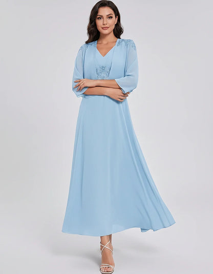 Chiffon Three-Quarter Sleeve V-Neck A-Line Midi Dress with Jacket for Party, Cocktail, Evening, Wedding Guest & Summer Events | SKU: VMD-583746291857364-LIGHTBLUE-L,VMD-583746291857364-LIGHTBLUE-M,VMD-583746291857364-LIGHTBLUE-S,VMD-583746291857364-LIGHTBLUE-XL,VMD-583746291857364-LIGHTBLUE-XS