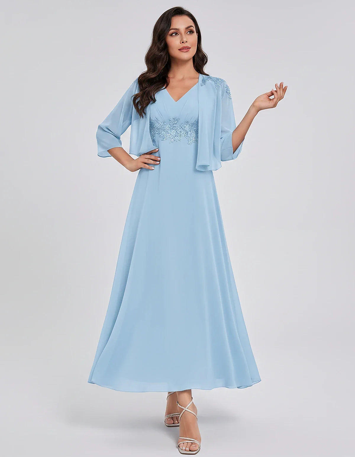 Chiffon Three-Quarter Sleeve V-Neck A-Line Midi Dress with Jacket for Party, Cocktail, Evening, Wedding Guest & Summer Events | SKU: VMD-583746291857364-LIGHTBLUE-L,VMD-583746291857364-LIGHTBLUE-M,VMD-583746291857364-LIGHTBLUE-S,VMD-583746291857364-LIGHTBLUE-XL,VMD-583746291857364-LIGHTBLUE-XS