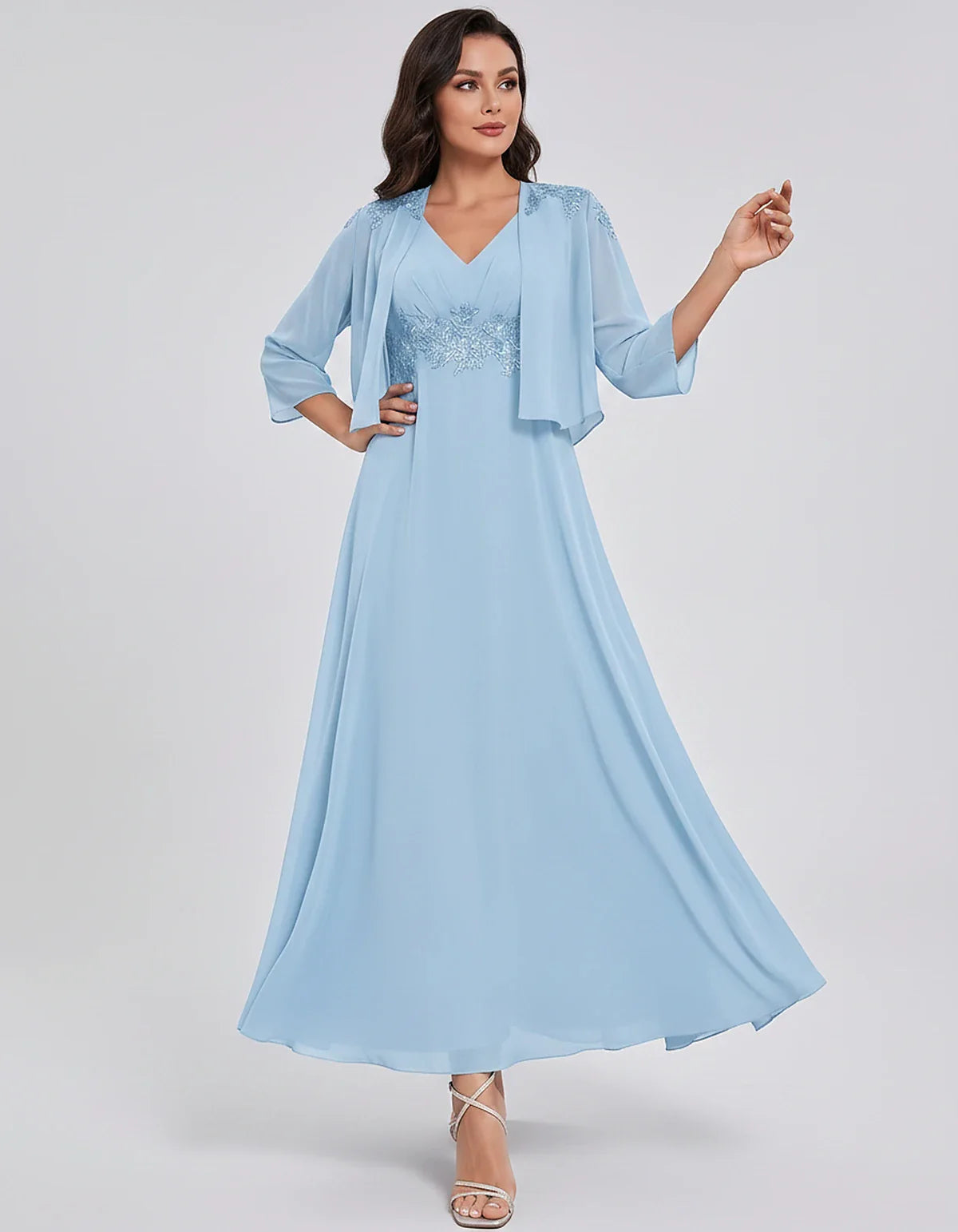 Chiffon Three-Quarter Sleeve V-Neck A-Line Midi Dress with Jacket for Party, Cocktail, Evening, Wedding Guest & Summer Events | SKU: VMD-583746291857364-LIGHTBLUE-L,VMD-583746291857364-LIGHTBLUE-M,VMD-583746291857364-LIGHTBLUE-S,VMD-583746291857364-LIGHTBLUE-XL,VMD-583746291857364-LIGHTBLUE-XS