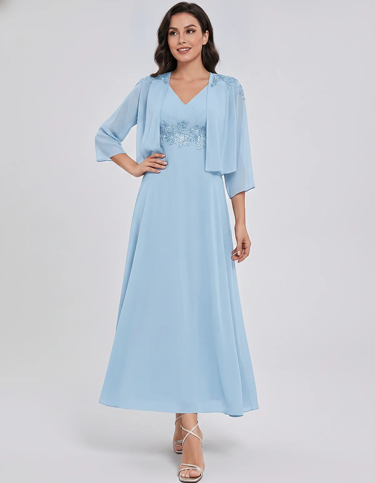 Chiffon Three-Quarter Sleeve V-Neck A-Line Midi Dress with Jacket for Party, Cocktail, Evening, Wedding Guest & Summer Events | SKU: VMD-583746291857364-LIGHTBLUE-L,VMD-583746291857364-LIGHTBLUE-M,VMD-583746291857364-LIGHTBLUE-S,VMD-583746291857364-LIGHTBLUE-XL,VMD-583746291857364-LIGHTBLUE-XS