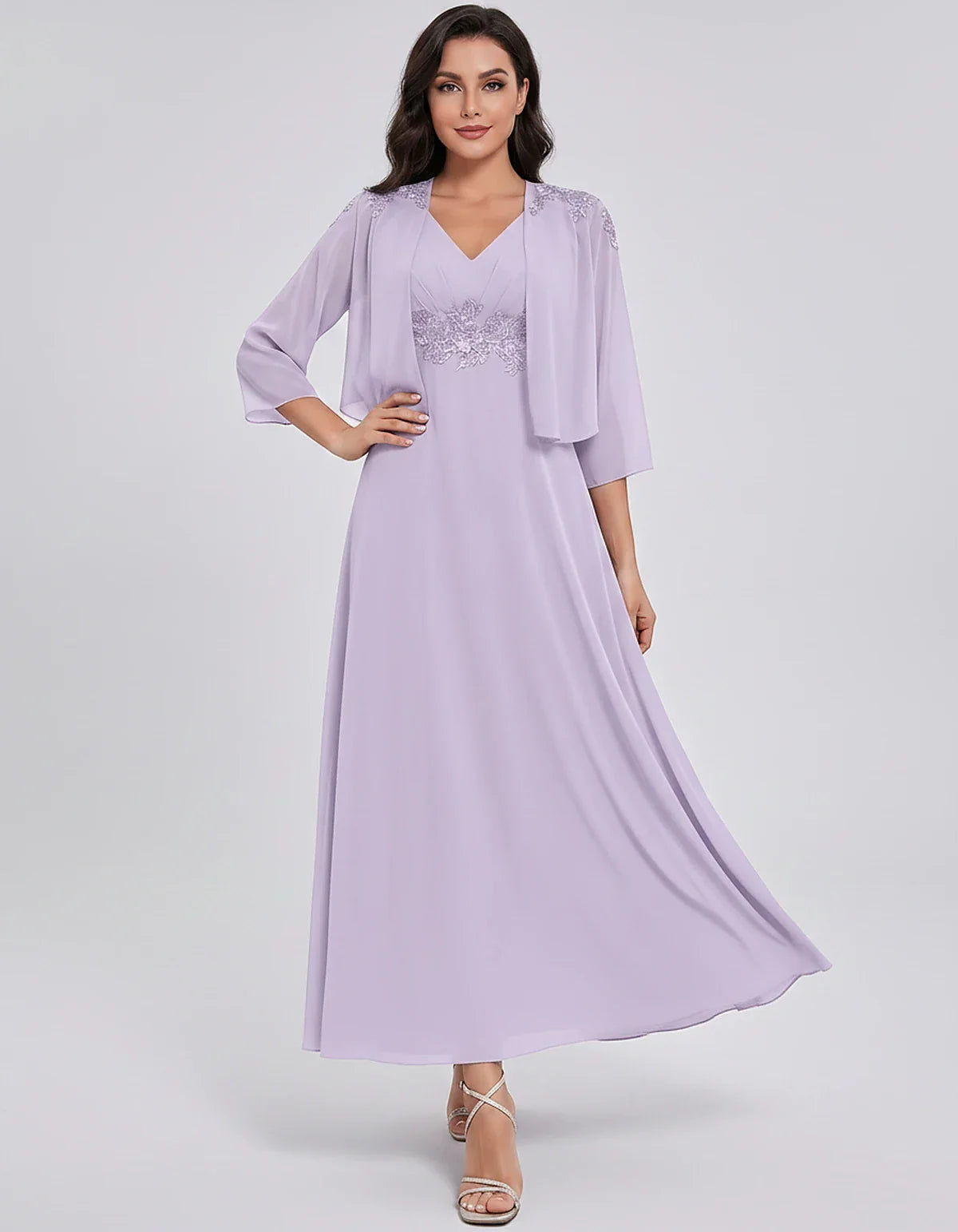 Chiffon Three-Quarter Sleeve V-Neck A-Line Midi Dress with Jacket for Party, Cocktail, Evening, Wedding Guest & Summer Events | SKU: VMD-583746291857364-LILAC-L,VMD-583746291857364-LILAC-M,VMD-583746291857364-LILAC-S,VMD-583746291857364-LILAC-XL,VMD-583746291857364-LILAC-XS
