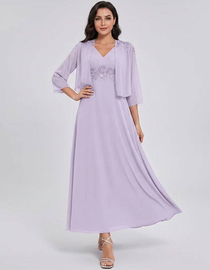 Chiffon Three-Quarter Sleeve V-Neck A-Line Midi Dress with Jacket for Party, Cocktail, Evening, Wedding Guest & Summer Events | SKU: VMD-583746291857364-LILAC-L,VMD-583746291857364-LILAC-M,VMD-583746291857364-LILAC-S,VMD-583746291857364-LILAC-XL,VMD-583746291857364-LILAC-XS