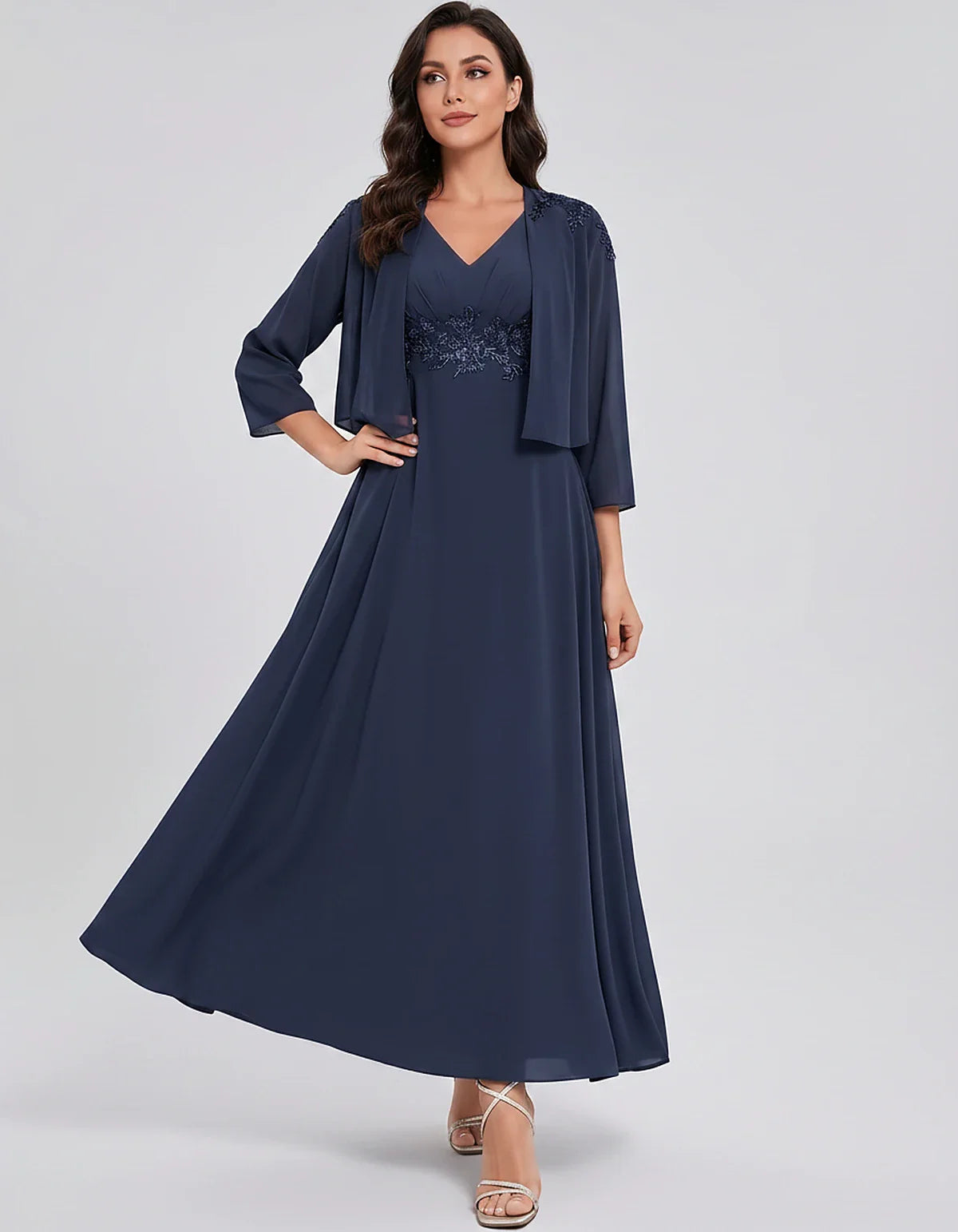 Chiffon Three-Quarter Sleeve V-Neck A-Line Midi Dress with Jacket for Party, Cocktail, Evening, Wedding Guest & Summer Events | SKU: VMD-583746291857364-NAVY-L,VMD-583746291857364-NAVY-M,VMD-583746291857364-NAVY-S,VMD-583746291857364-NAVY-XL,VMD-583746291857364-NAVY-XS