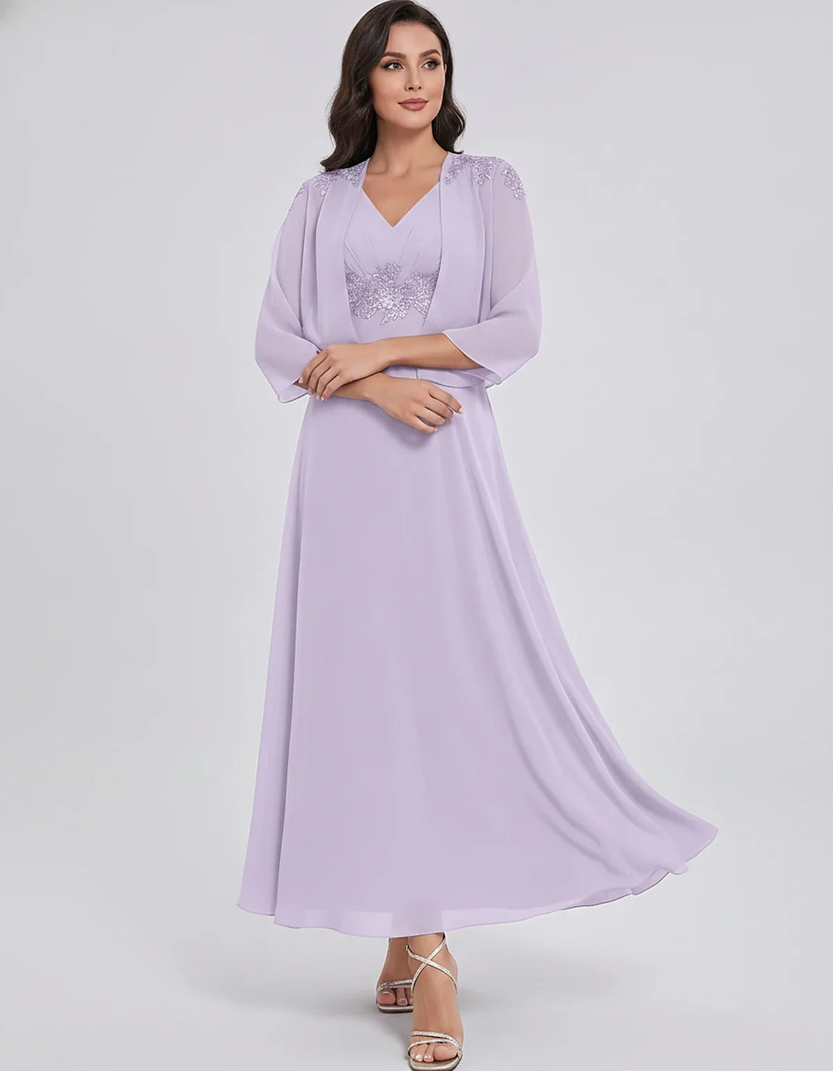 Chiffon Three-Quarter Sleeve V-Neck A-Line Midi Dress with Jacket for Party, Cocktail, Evening, Wedding Guest & Summer Events | SKU: VMD-583746291857364-LILAC-L,VMD-583746291857364-LILAC-M,VMD-583746291857364-LILAC-S,VMD-583746291857364-LILAC-XL,VMD-583746291857364-LILAC-XS