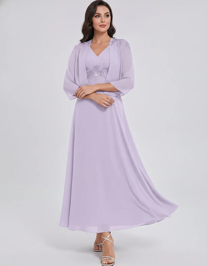 Chiffon Three-Quarter Sleeve V-Neck A-Line Midi Dress with Jacket for Party, Cocktail, Evening, Wedding Guest & Summer Events | SKU: VMD-583746291857364-LILAC-L,VMD-583746291857364-LILAC-M,VMD-583746291857364-LILAC-S,VMD-583746291857364-LILAC-XL,VMD-583746291857364-LILAC-XS