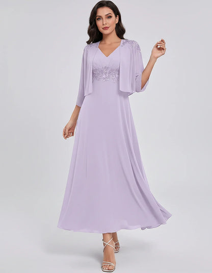 Chiffon Three-Quarter Sleeve V-Neck A-Line Midi Dress with Jacket for Party, Cocktail, Evening, Wedding Guest & Summer Events | SKU: VMD-583746291857364-LILAC-L,VMD-583746291857364-LILAC-M,VMD-583746291857364-LILAC-S,VMD-583746291857364-LILAC-XL,VMD-583746291857364-LILAC-XS