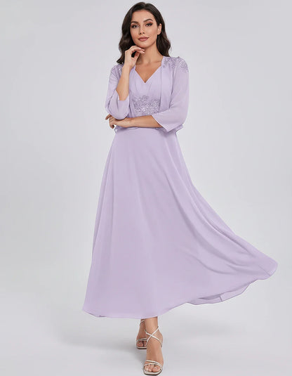 Chiffon Three-Quarter Sleeve V-Neck A-Line Midi Dress with Jacket for Party, Cocktail, Evening, Wedding Guest & Summer Events | SKU: VMD-583746291857364-LILAC-L,VMD-583746291857364-LILAC-M,VMD-583746291857364-LILAC-S,VMD-583746291857364-LILAC-XL,VMD-583746291857364-LILAC-XS