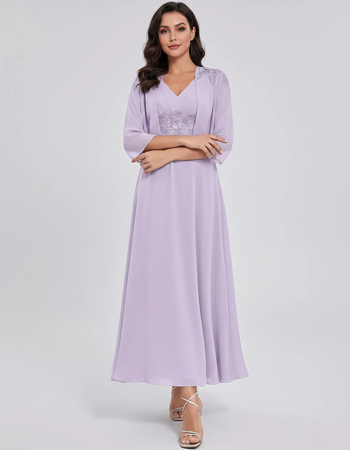 Chiffon Three-Quarter Sleeve V-Neck A-Line Midi Dress with Jacket for Party, Cocktail, Evening, Wedding Guest & Summer Events | SKU: VMD-583746291857364-LILAC-L,VMD-583746291857364-LILAC-M,VMD-583746291857364-LILAC-S,VMD-583746291857364-LILAC-XL,VMD-583746291857364-LILAC-XS