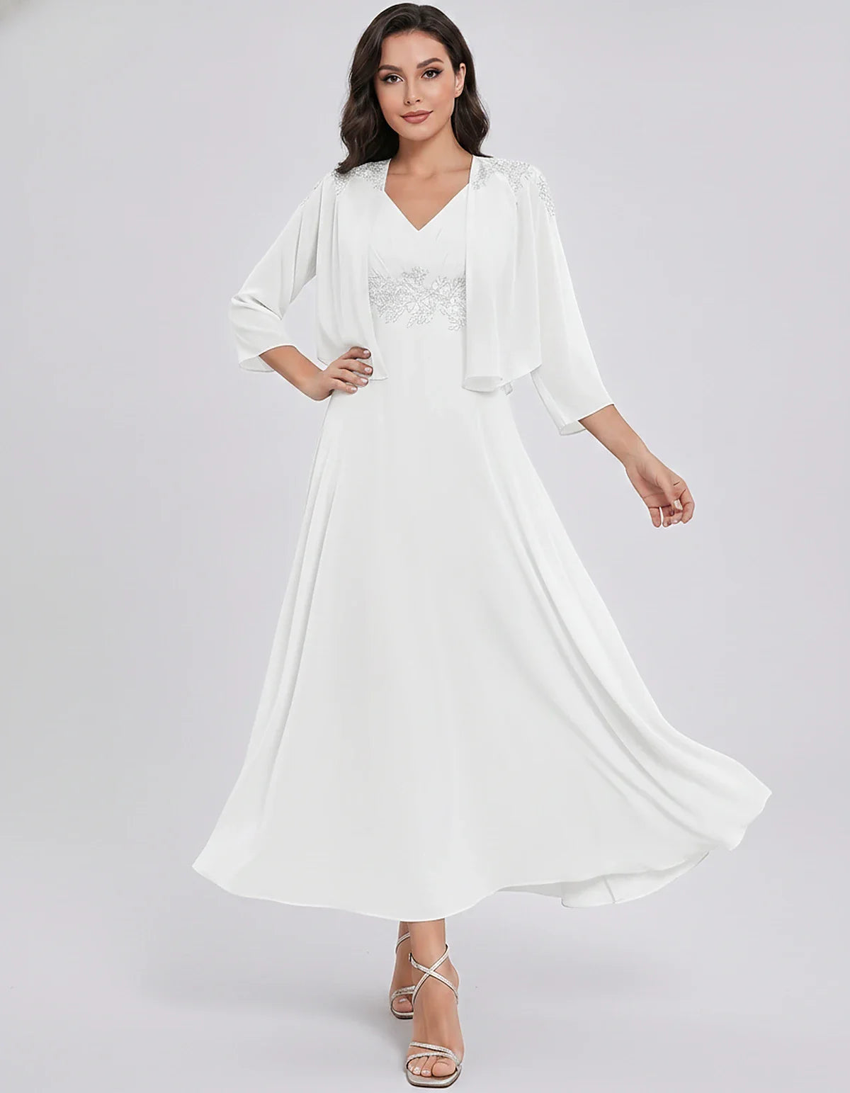 Chiffon Three-Quarter Sleeve V-Neck A-Line Midi Dress with Jacket for Party, Cocktail, Evening, Wedding Guest & Summer Events | SKU: VMD-583746291857364-WHITE-L,VMD-583746291857364-WHITE-M,VMD-583746291857364-WHITE-S,VMD-583746291857364-WHITE-XL,VMD-583746291857364-WHITE-XS