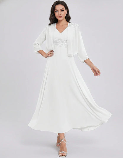 Chiffon Three-Quarter Sleeve V-Neck A-Line Midi Dress with Jacket for Party, Cocktail, Evening, Wedding Guest & Summer Events | SKU: VMD-583746291857364-WHITE-L,VMD-583746291857364-WHITE-M,VMD-583746291857364-WHITE-S,VMD-583746291857364-WHITE-XL,VMD-583746291857364-WHITE-XS