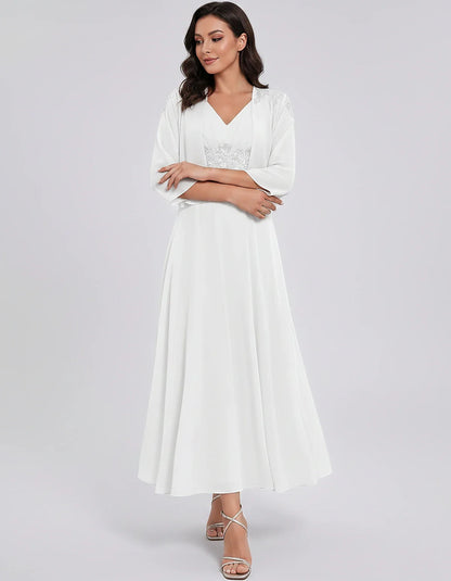 Chiffon Three-Quarter Sleeve V-Neck A-Line Midi Dress with Jacket for Party, Cocktail, Evening, Wedding Guest & Summer Events | SKU: VMD-583746291857364-WHITE-L,VMD-583746291857364-WHITE-M,VMD-583746291857364-WHITE-S,VMD-583746291857364-WHITE-XL,VMD-583746291857364-WHITE-XS