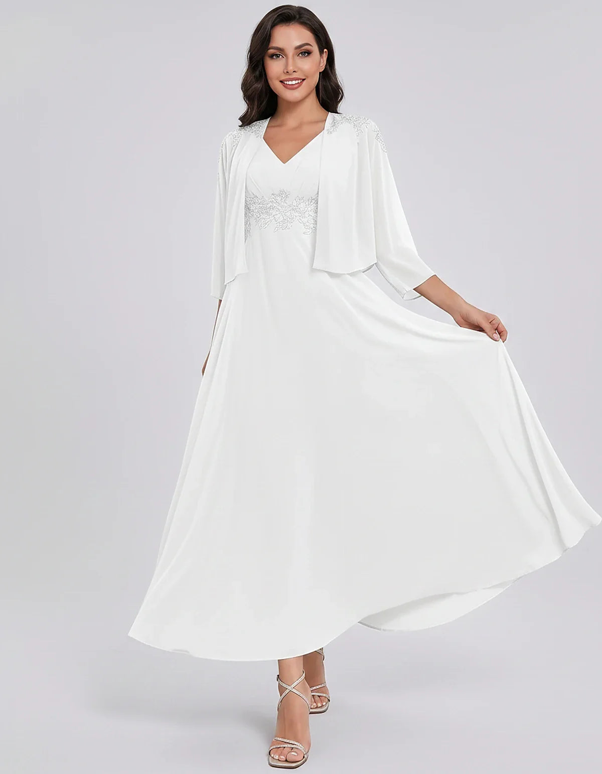 Chiffon Three-Quarter Sleeve V-Neck A-Line Midi Dress with Jacket for Party, Cocktail, Evening, Wedding Guest & Summer Events | SKU: VMD-583746291857364-WHITE-L,VMD-583746291857364-WHITE-M,VMD-583746291857364-WHITE-S,VMD-583746291857364-WHITE-XL,VMD-583746291857364-WHITE-XS