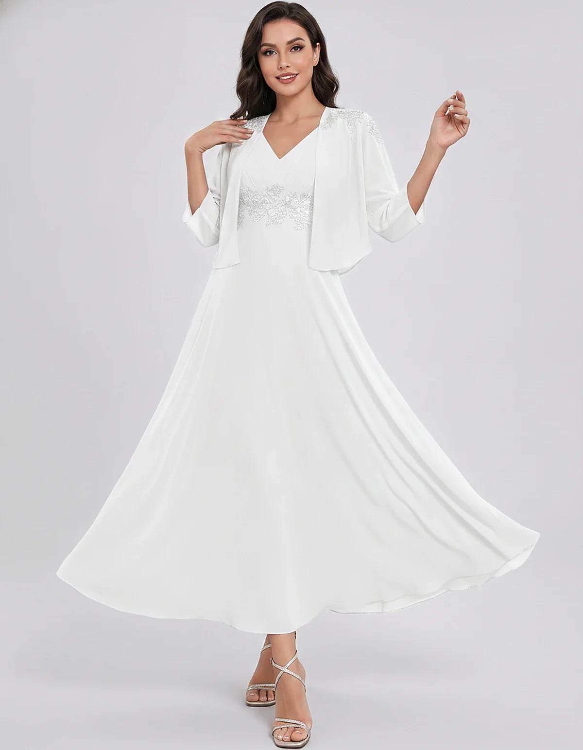 Chiffon Three-Quarter Sleeve V-Neck A-Line Midi Dress with Jacket for Party, Cocktail, Evening, Wedding Guest & Summer Events | SKU: VMD-583746291857364-WHITE-L,VMD-583746291857364-WHITE-M,VMD-583746291857364-WHITE-S,VMD-583746291857364-WHITE-XL,VMD-583746291857364-WHITE-XS