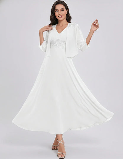 Chiffon Three-Quarter Sleeve V-Neck A-Line Midi Dress with Jacket for Party, Cocktail, Evening, Wedding Guest & Summer Events | SKU: VMD-583746291857364-WHITE-L,VMD-583746291857364-WHITE-M,VMD-583746291857364-WHITE-S,VMD-583746291857364-WHITE-XL,VMD-583746291857364-WHITE-XS