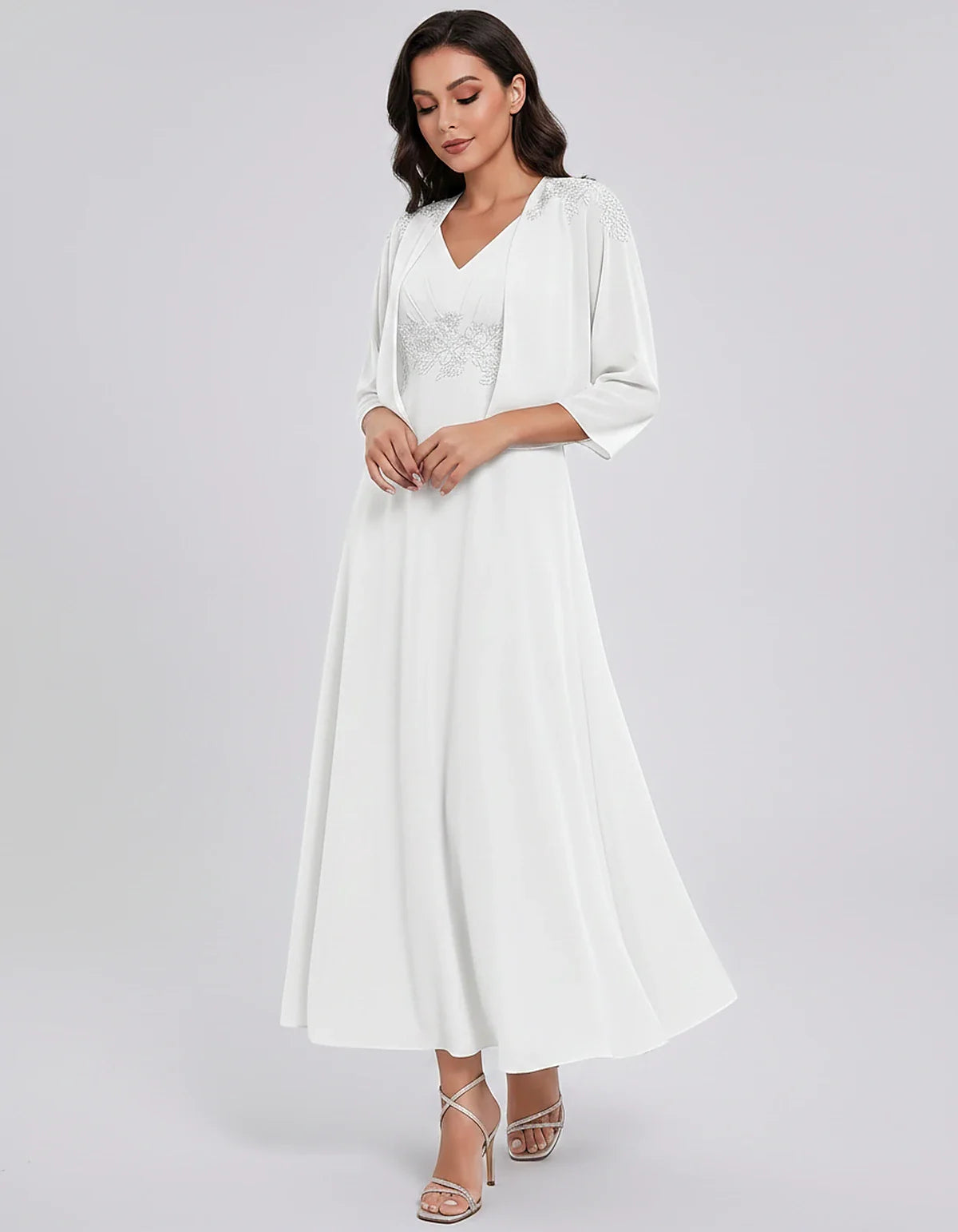 Chiffon Three-Quarter Sleeve V-Neck A-Line Midi Dress with Jacket for Party, Cocktail, Evening, Wedding Guest & Summer Events | SKU: VMD-583746291857364-WHITE-L,VMD-583746291857364-WHITE-M,VMD-583746291857364-WHITE-S,VMD-583746291857364-WHITE-XL,VMD-583746291857364-WHITE-XS