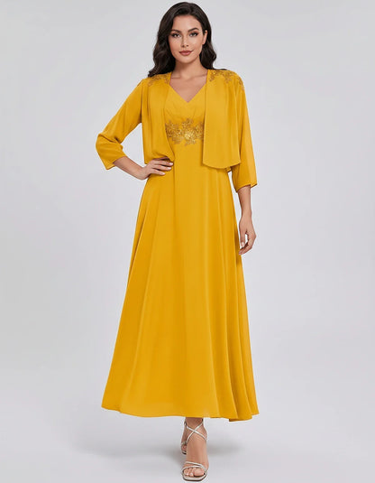Chiffon Three-Quarter Sleeve V-Neck A-Line Midi Dress with Jacket for Party, Cocktail, Evening, Wedding Guest & Summer Events | SKU: VMD-583746291857364-YELLOW-L,VMD-583746291857364-YELLOW-M,VMD-583746291857364-YELLOW-S,VMD-583746291857364-YELLOW-XL,VMD-583746291857364-YELLOW-XS
