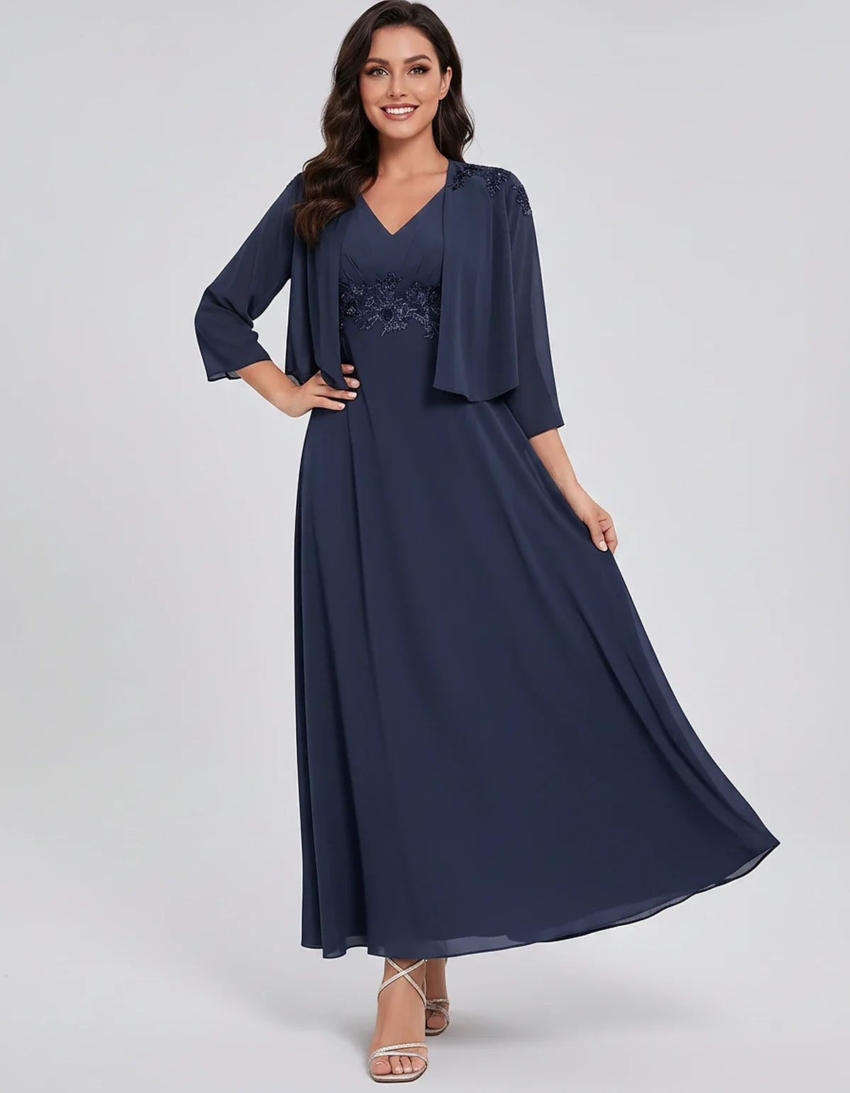 Chiffon Three-Quarter Sleeve V-Neck A-Line Midi Dress with Jacket for Party, Cocktail, Evening, Wedding Guest & Summer Events | SKU: VMD-583746291857364-NAVY-L,VMD-583746291857364-NAVY-M,VMD-583746291857364-NAVY-S,VMD-583746291857364-NAVY-XL,VMD-583746291857364-NAVY-XS