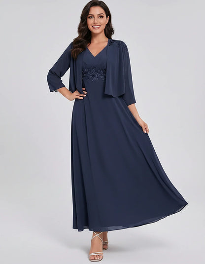 Chiffon Three-Quarter Sleeve V-Neck A-Line Midi Dress with Jacket for Party, Cocktail, Evening, Wedding Guest & Summer Events | SKU: VMD-583746291857364-NAVY-L,VMD-583746291857364-NAVY-M,VMD-583746291857364-NAVY-S,VMD-583746291857364-NAVY-XL,VMD-583746291857364-NAVY-XS