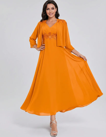 Chiffon Three-Quarter Sleeve V-Neck A-Line Midi Dress with Jacket for Party, Cocktail, Evening, Wedding Guest & Summer Events | SKU: VMD-583746291857364-YELLOW-L,VMD-583746291857364-YELLOW-M,VMD-583746291857364-YELLOW-S,VMD-583746291857364-YELLOW-XL,VMD-583746291857364-YELLOW-XS