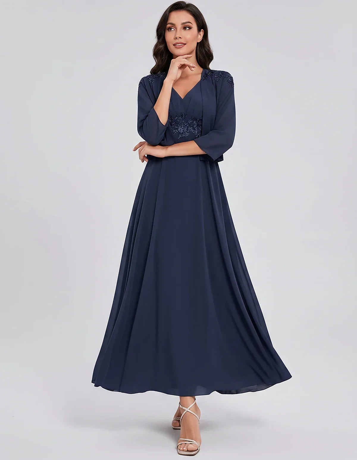Chiffon Three-Quarter Sleeve V-Neck A-Line Midi Dress with Jacket for Party, Cocktail, Evening, Wedding Guest & Summer Events | SKU: VMD-583746291857364-NAVY-L,VMD-583746291857364-NAVY-M,VMD-583746291857364-NAVY-S,VMD-583746291857364-NAVY-XL,VMD-583746291857364-NAVY-XS