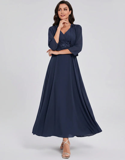 Chiffon Three-Quarter Sleeve V-Neck A-Line Midi Dress with Jacket for Party, Cocktail, Evening, Wedding Guest & Summer Events | SKU: VMD-583746291857364-NAVY-L,VMD-583746291857364-NAVY-M,VMD-583746291857364-NAVY-S,VMD-583746291857364-NAVY-XL,VMD-583746291857364-NAVY-XS