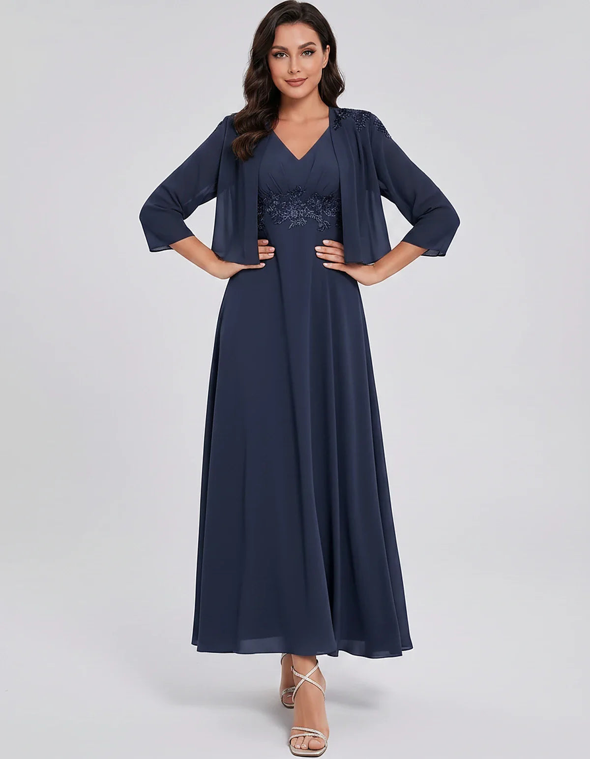 Chiffon Three-Quarter Sleeve V-Neck A-Line Midi Dress with Jacket for Party, Cocktail, Evening, Wedding Guest & Summer Events | SKU: VMD-583746291857364-NAVY-L,VMD-583746291857364-NAVY-M,VMD-583746291857364-NAVY-S,VMD-583746291857364-NAVY-XL,VMD-583746291857364-NAVY-XS