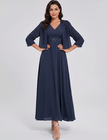 Chiffon Three-Quarter Sleeve V-Neck A-Line Midi Dress with Jacket for Party, Cocktail, Evening, Wedding Guest & Summer Events | SKU: VMD-583746291857364-NAVY-L,VMD-583746291857364-NAVY-M,VMD-583746291857364-NAVY-S,VMD-583746291857364-NAVY-XL,VMD-583746291857364-NAVY-XS