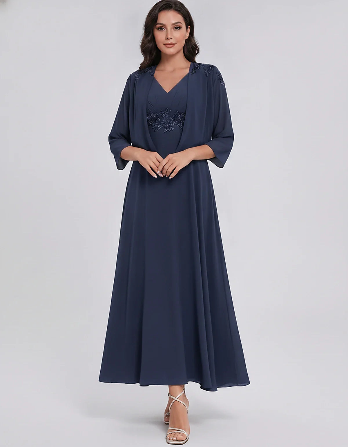 Chiffon Three-Quarter Sleeve V-Neck A-Line Midi Dress with Jacket for Party, Cocktail, Evening, Wedding Guest & Summer Events | SKU: VMD-583746291857364-NAVY-L,VMD-583746291857364-NAVY-M,VMD-583746291857364-NAVY-S,VMD-583746291857364-NAVY-XL,VMD-583746291857364-NAVY-XS