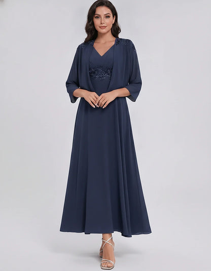 Chiffon Three-Quarter Sleeve V-Neck A-Line Midi Dress with Jacket for Party, Cocktail, Evening, Wedding Guest & Summer Events | SKU: VMD-583746291857364-NAVY-L,VMD-583746291857364-NAVY-M,VMD-583746291857364-NAVY-S,VMD-583746291857364-NAVY-XL,VMD-583746291857364-NAVY-XS