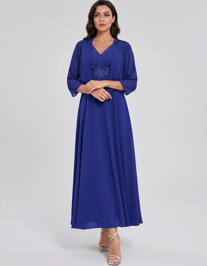 Chiffon Three-Quarter Sleeve V-Neck A-Line Midi Dress with Jacket for Party, Cocktail, Evening, Wedding Guest & Summer Events | SKU: VMD-583746291857364-BLUE-L,VMD-583746291857364-BLUE-M,VMD-583746291857364-BLUE-S,VMD-583746291857364-BLUE-XL,VMD-583746291857364-BLUE-XS