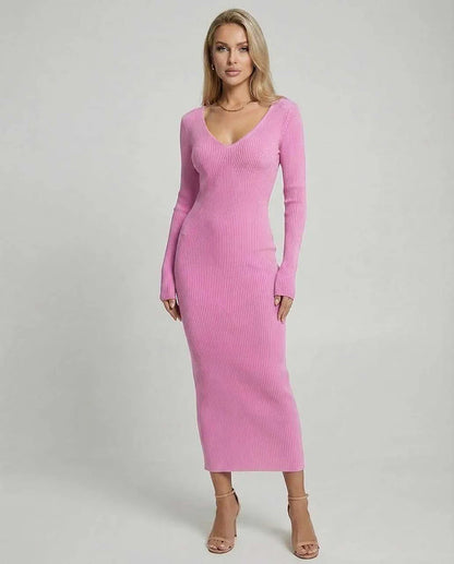 Pink Linen Bodycon V-Neck Long Sleeve Midi Dress | Formal Events & Casual Wear, front view | Ramblion | SKU: LMD-938274561-pink-L-8777,LMD-938274561-pink-M-3804,LMD-938274561-pink-S-3220,LMD-938274561-pink-XL-6215,LMD-938274561-pink-XS-6962