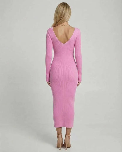 Pink Linen Bodycon V-Neck Long Sleeve Midi Dress | Formal Events & Casual Wear, back view | Ramblion | SKU: LMD-938274561-pink-L-8777,LMD-938274561-pink-M-3804,LMD-938274561-pink-S-3220,LMD-938274561-pink-XL-6215,LMD-938274561-pink-XS-6962