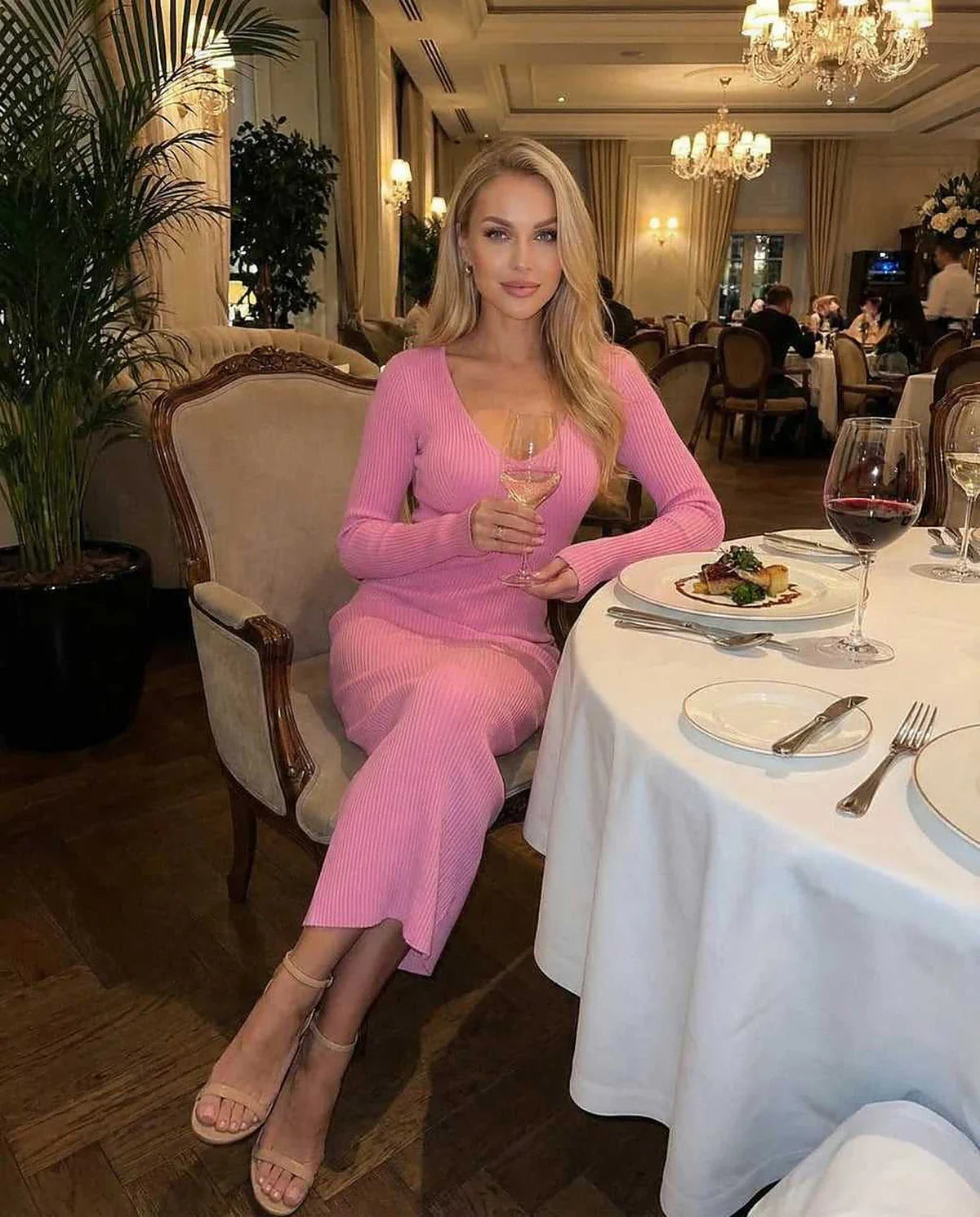 Pink Linen Bodycon V-Neck Long Sleeve Midi Dress | Formal Events & Casual Wear, lifestyle shot | Ramblion | SKU: LMD-938274561-pink-L-8777,LMD-938274561-pink-M-3804,LMD-938274561-pink-S-3220,LMD-938274561-pink-XL-6215,LMD-938274561-pink-XS-6962