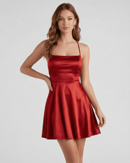 Elbe Mini Dress in ruby red satin, A-line silhouette, elegant for special occasions, by RAMBLION.
