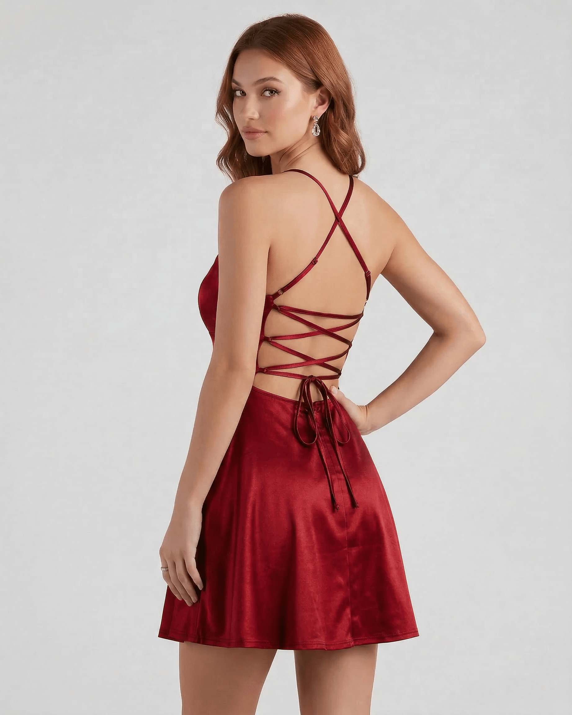 Elbe Mini Dress by RAMBLION, red satin mini dress with a square neckline and crisscross back, perfect for elegant occasions.