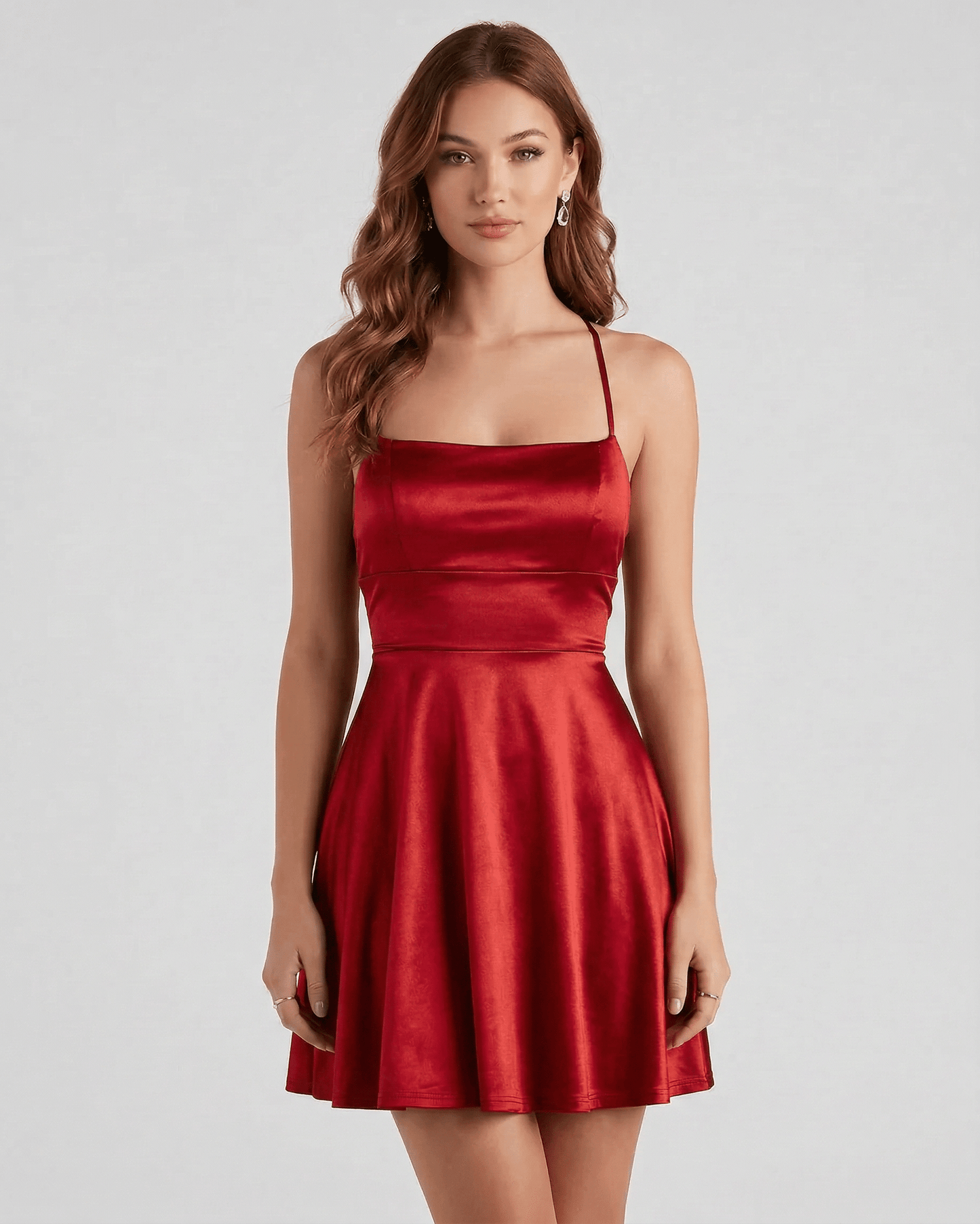 Elbe Mini Dress in ruby red satin, featuring a square neck and A-line silhouette, perfect for chic occasions by RAMBLION.