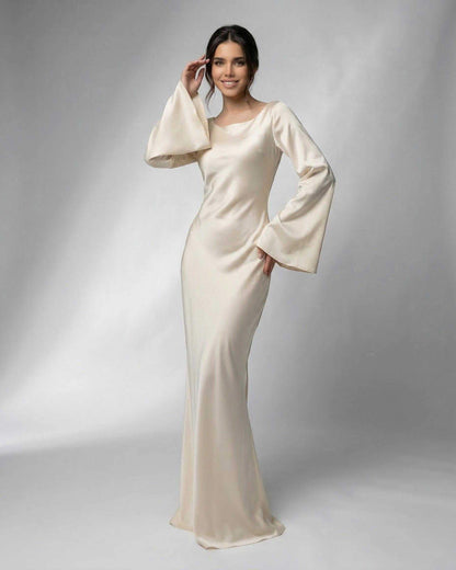 Cream Satin Bodycon Boat Neck Sleeveless Maxi Dress | Formal Events & Cocktail Parties, front view | Ramblion | SKU: LMD-371849205-cream-L-5758,LMD-371849205-cream-M-7473,LMD-371849205-cream-S-3643,LMD-371849205-cream-XL-6825,LMD-371849205-cream-XS-5572